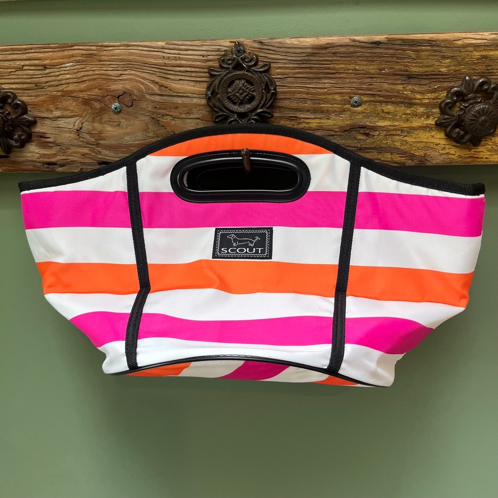 Scout Insulated Cooler Bag Pink Orange White Striped Tote with Bottle Opener